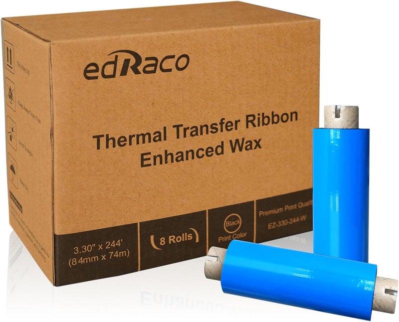 Edraco 8 Rolls Desktop Thermal Transfer Ribbons -Enhanced Wax, 3.30" x 244'(84mm x 74m), 0.5” Core, for Zebra Desktop Printer - Image 1